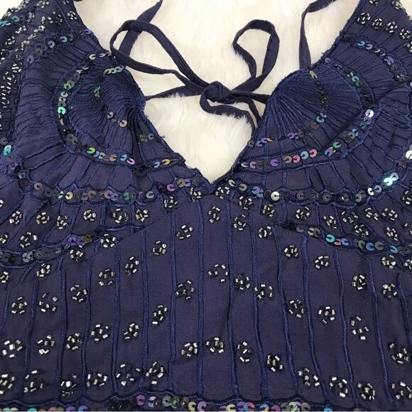 FREE PEOPLE Tulle Flutter Mini Dress Beaded Backless Navy Black Size Large New - Picture 6 of 14